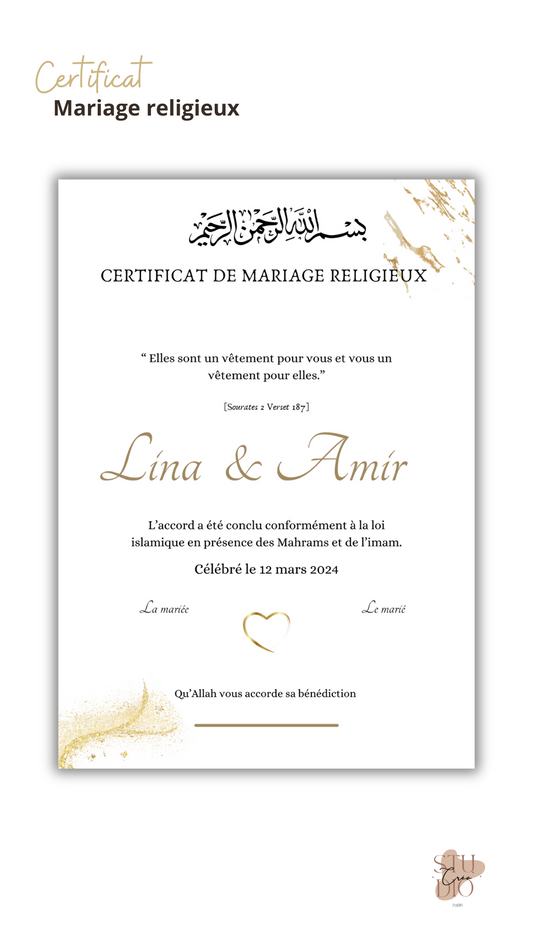 Certificat mariage religieux